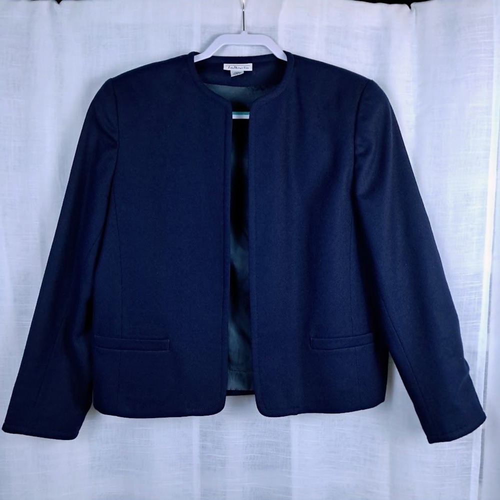 Talbots Vintage 80s Navy Blue 100% Wool Collarless Open Front Blazer Jacket 14